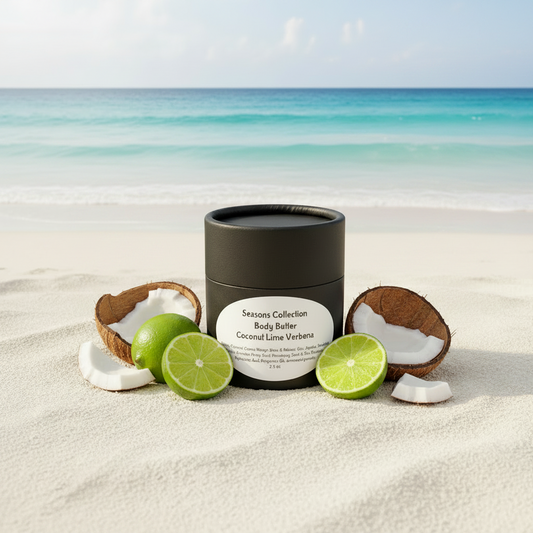 Coconut Lime Verbena Body Butter with winter background