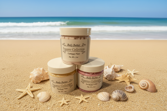 Seasons Body Butter on Blue Winter Snowflake Background